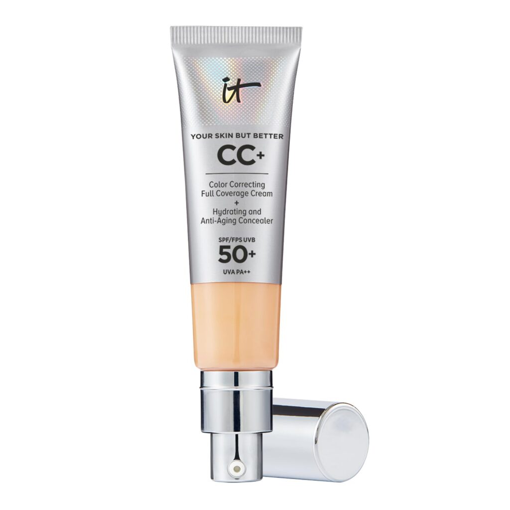 A tube of IT Cosmetics CC+ Cream with SPF 50+, featuring a silver cap and labeled as a color-correcting, full coverage cream with hydrating and anti-aging properties—perfect for scoring in the Friday Deals.