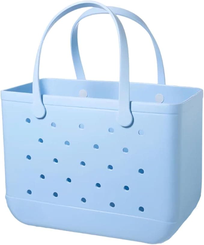 Light blue rectangular tote bag with two handles, featuring a series of small round holes on the sides. The bag appears to be made of plastic.