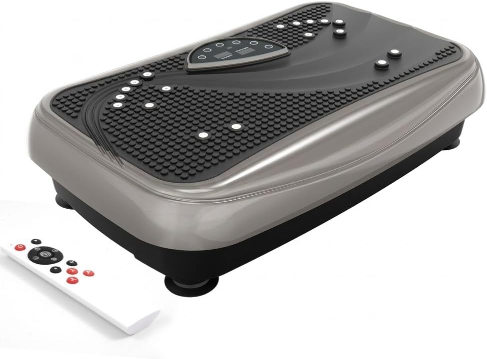 A black and silver vibration plate exercise machine with a textured surface and digital controls, shown next to a white remote control with black and red buttons.