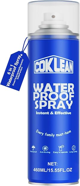 A blue can of COKLEAN Waterproof Spray, 460ml, with a white cap and a tag reading "6 in 1 Waterproof Spray". The label highlights features like anti-fouling, easy to operate, and long-lasting.
