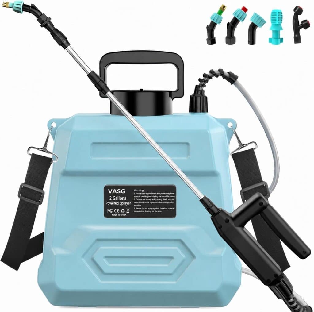 Light blue backpack garden sprayer with black straps, handle, hose, and wand. Five interchangeable spray nozzles are displayed above the sprayer. The front label reads "VASG 2 Gallons Powered Sprayer.