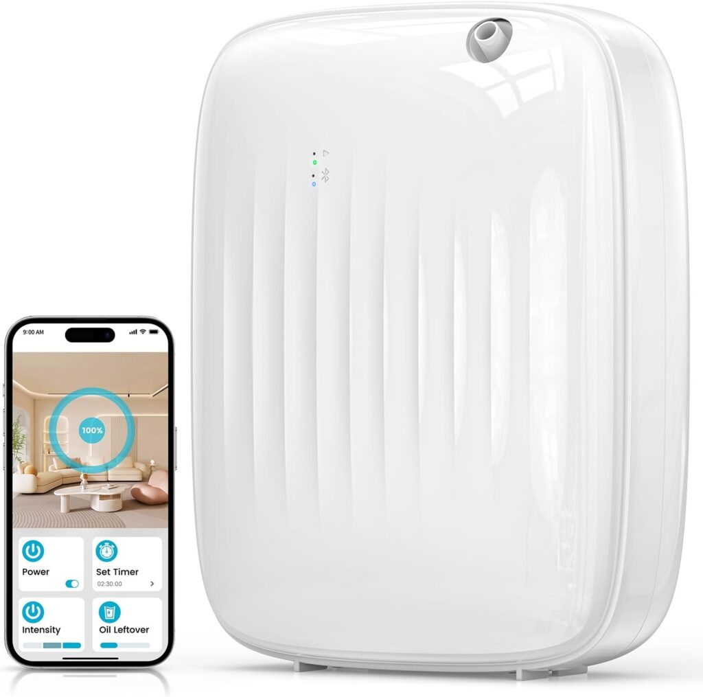 A sleek white smart air purifier stands next to a smartphone showing its control app, which displays settings like power, intensity, set timer, and oil leftover, along with a circular graphic for air quality.