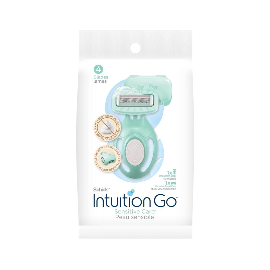 A package of Schick Intuition Go Sensitive Care razor with four blades, shown in a white and mint green design. The packaging highlights skin conditioning and travel-friendly features.