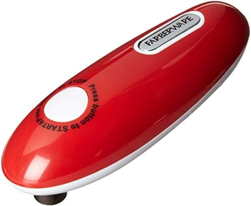 A red and white Farberware electric can opener with a black button labeled "Press Button to Start/Stop" on the top. The device is sleek, oval-shaped, and designed for handheld use.