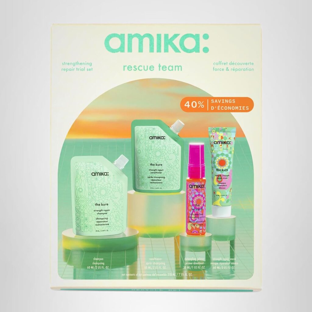 Boxed Amika Rescue Team set with three hair care products: two green refill pouches and one colorful tube, displayed on a mint green background. Includes a label for 40% savings and product details.