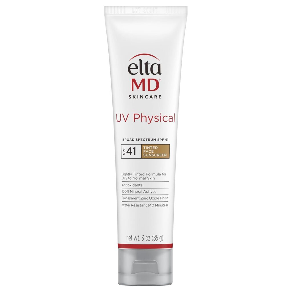 A tube of EltaMD Skincare UV Physical Broad Spectrum SPF 41 Tinted Face Sunscreen, 3 oz size, with product details and branding visible on the front.