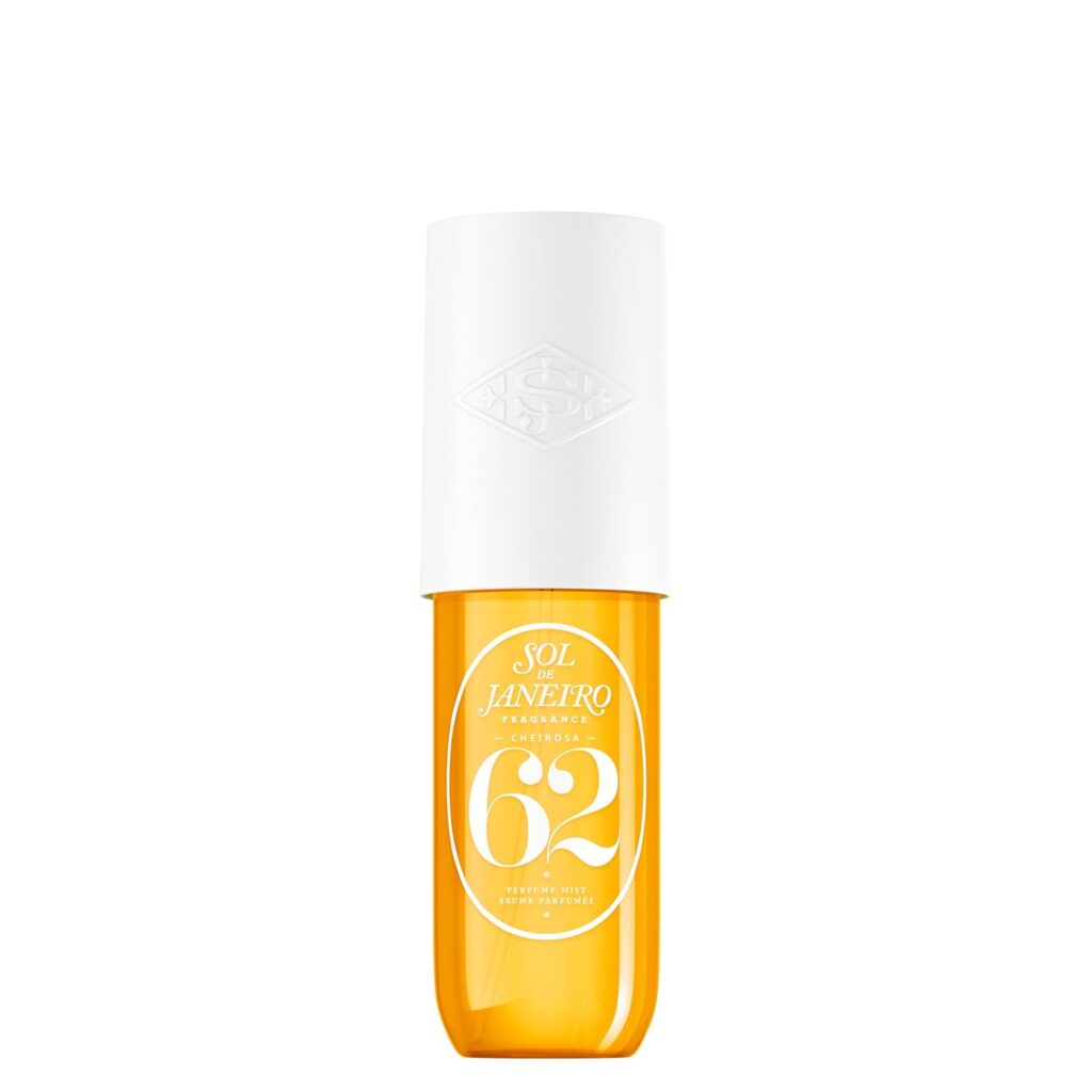 A yellow bottle with a white cap labeled "Sol de Janeiro 62" in white text, featuring a clear section showing the liquid inside.