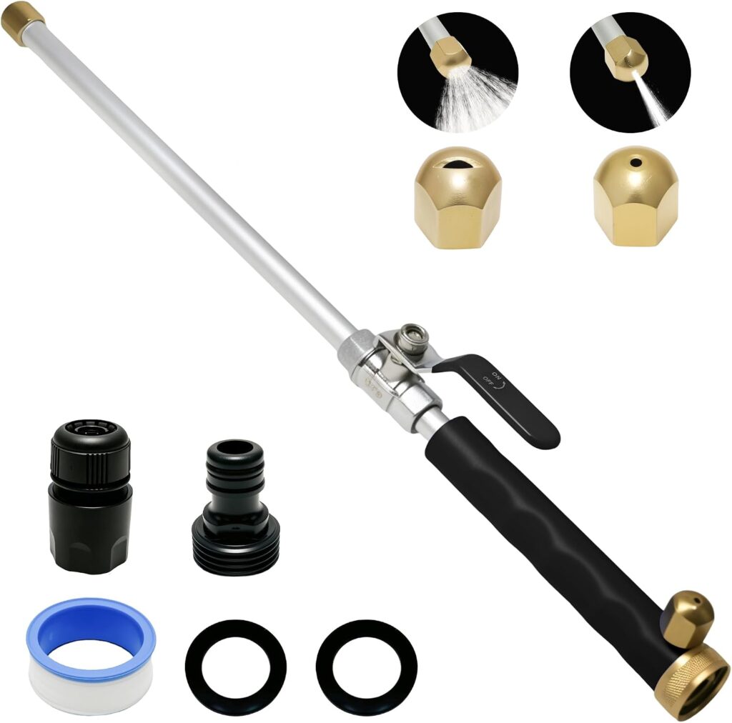 A metal water wand with a black handle, brass nozzle attachments, hose connectors, sealing tape, and rubber washers, designed for garden or pressure washing.