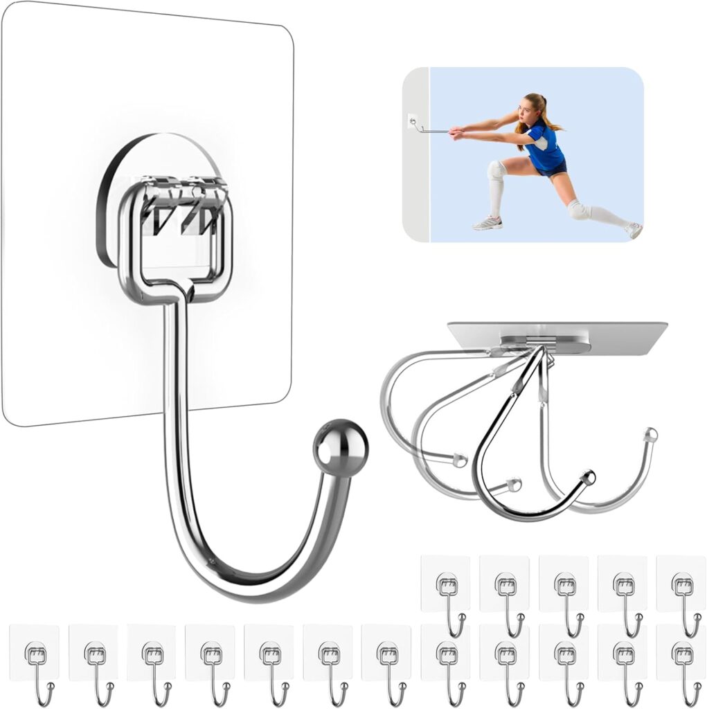 Set of adhesive wall hooks in various designs, shown in individual and group views. Includes an image of a girl playing volleyball, illustrating possible use for hanging sports gear.