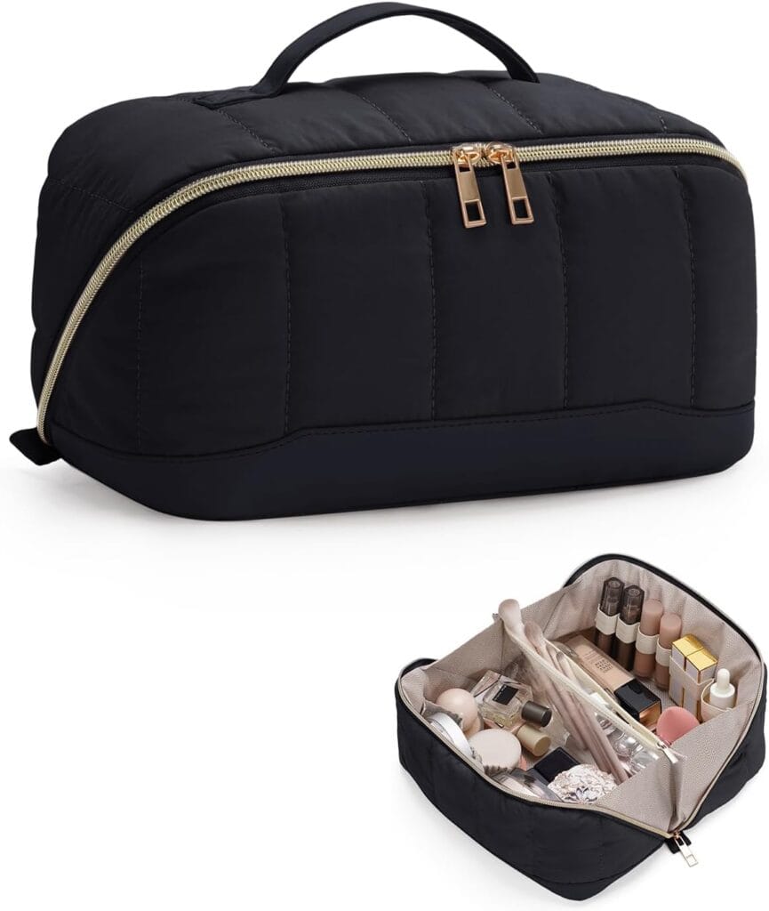 A black zippered makeup bag with a handle is shown closed and also open, revealing organized cosmetics and beauty products inside.