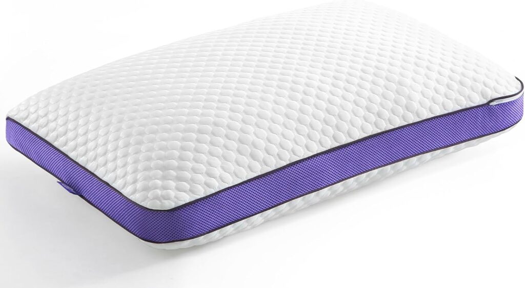 A rectangular white pillow with a textured surface and a thick purple border around the sides, shown on a plain white background.