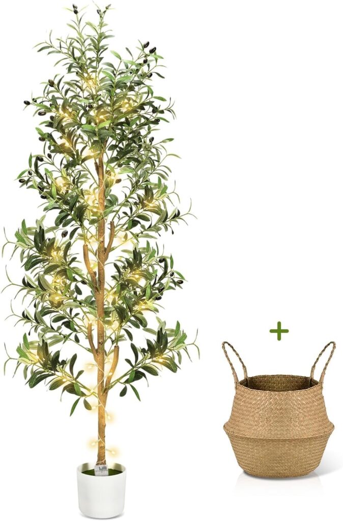 Artificial potted tree with string lights wrapped around it, next to an empty woven basket with handles, displayed on a white background—perfect for brightening up your space or taking advantage of this week’s Friday Deals.