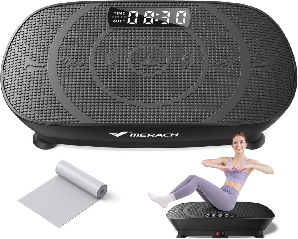 Black Merach vibration plate with digital display, a grey exercise mat, and a woman in workout clothes sitting on the plate in a side crunch pose, smiling. Total product and accessory view.