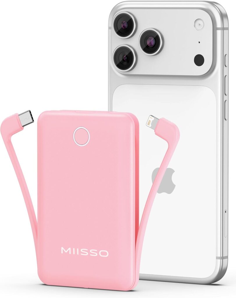 A pink MIISSO portable charger with attached cables is shown standing in front of the back of a white smartphone with three rear cameras.
