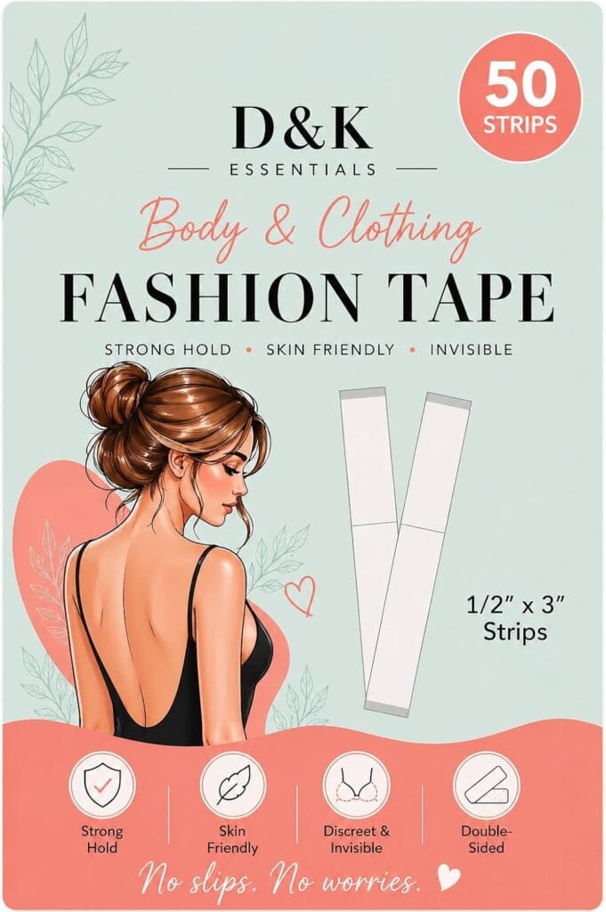 Box of D&K Essentials Body & Clothing Fashion Tape with 50 strips. Features include strong hold, skin-friendly, discreet, and double-sided. Illustration of a woman in a black dress is shown on the front.