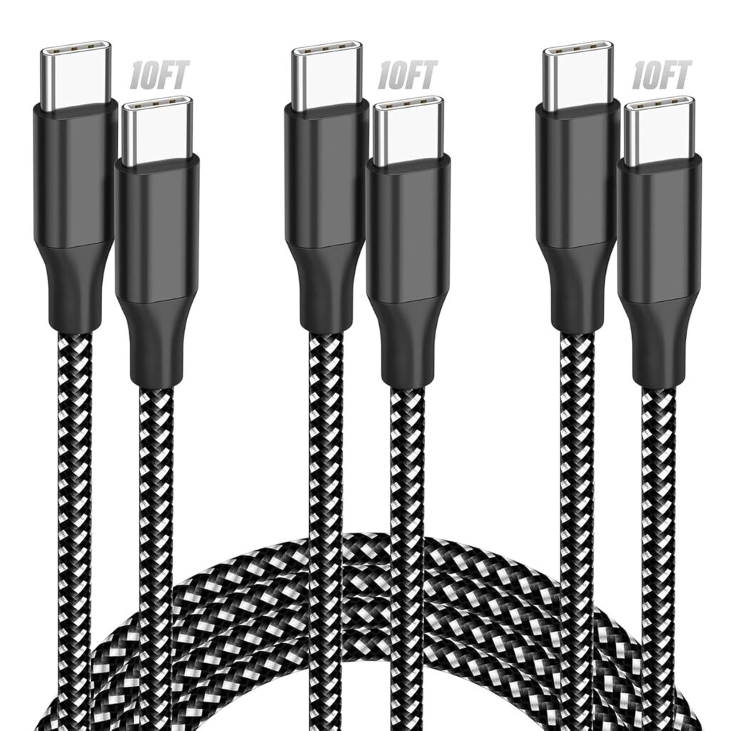Three black-and-white braided USB-C to USB-C charging cables, each labeled "10FT," are shown upright with the cables coiled at the bottom.