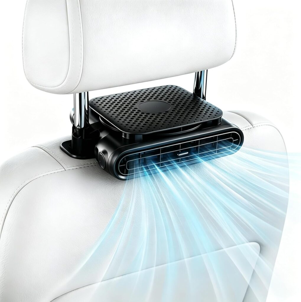 A black air purifier is attached to the back of a white car seat headrest, emitting blue streams of air, suggesting filtration and circulation inside the vehicle.