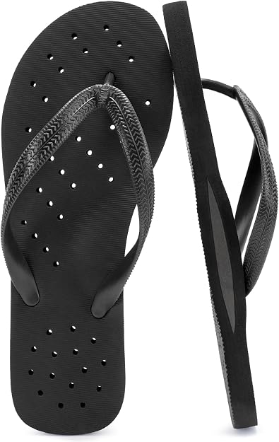 A pair of black flip-flops with textured straps and small ventilation holes on the footbed, shown from the top and side angles on a white background.