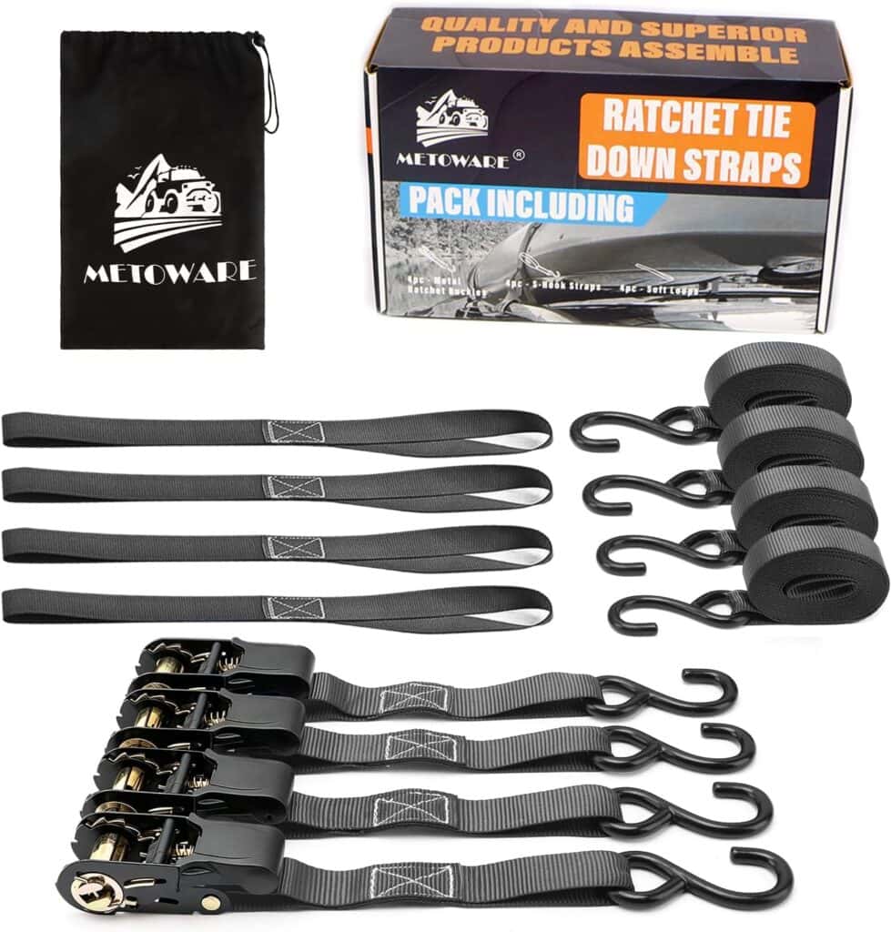 Set of Metoware ratchet tie down straps with hooks, four ratchets, four straps, a black storage bag, and product packaging—all arranged neatly on a white background. Perfect for securing loads and taking advantage of Friday Deals.