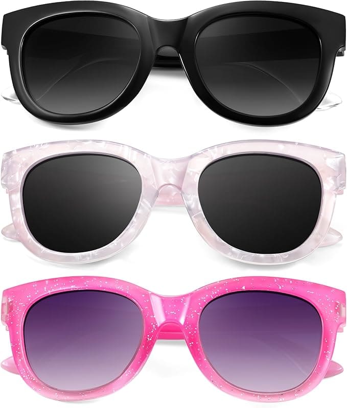 Three pairs of sunglasses: black with dark lenses, light pink with black lenses, and bright pink with glitter and gradient lenses, displayed on a white background.