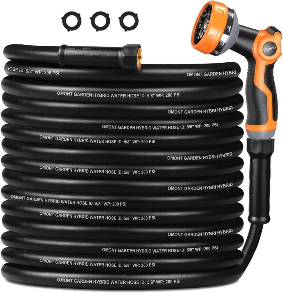 Coiled black garden hose with “OMONT GARDEN HYBRID WATER HOSE” text, three black washers, and an orange and black spray nozzle pictured on a white background.