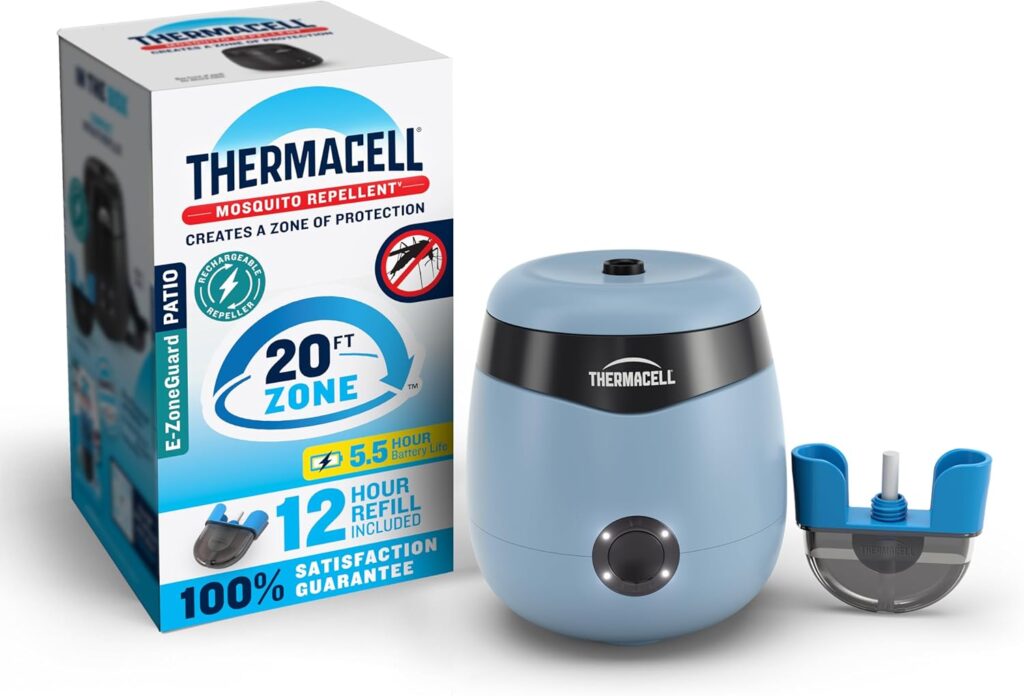 Thermacell mosquito repellent device with a refill and its packaging. The box highlights a 20 ft protection zone, 12-hour refill, 5.5-hour system use, and satisfaction guarantee—an excellent choice to look out for during Monday Deals.