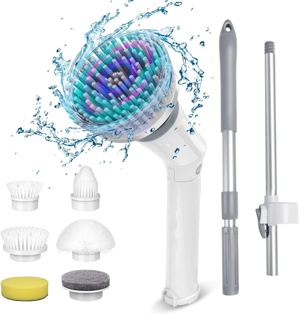Electric cleaning brush set with multiple colorful brush heads, sponges, stainless steel scrubber, and water splash effect. Includes extendable handle and various attachments for versatile cleaning tasks.