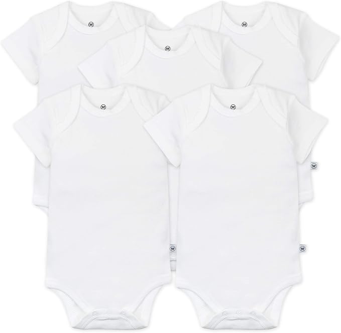 Five plain white HonestBaby short sleeve bodysuits are arranged together, overlapping slightly, and displayed against a white background.