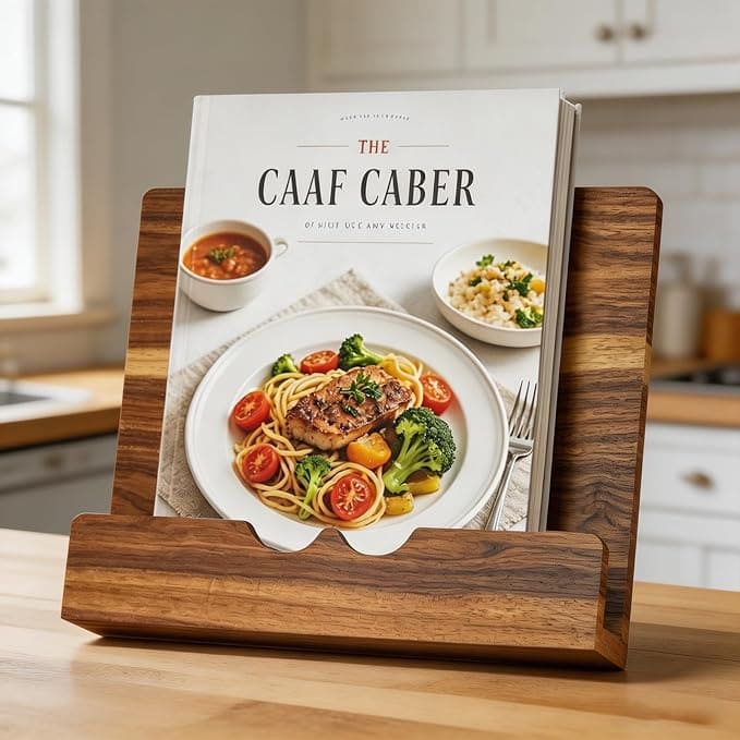 A cookbook titled “The Caaf Caber” is open on a wooden stand in a bright kitchen, displaying a page with a photo of grilled chicken on pasta with tomatoes and broccoli—perfect inspiration for your next meal, especially if you’re taking advantage of Friday Deals.