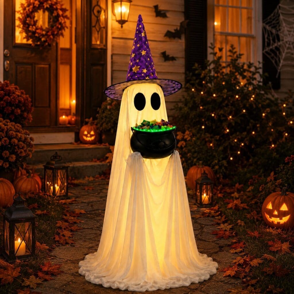 A glowing ghost decoration wearing a purple starry witch hat holds a black cauldron of green treats. It stands on a leaf-covered path with pumpkins, lanterns, and Halloween decorations near a warmly lit porch—perfect for welcoming trick-or-treaters or showcasing your Wednesday Deals this spooky season.