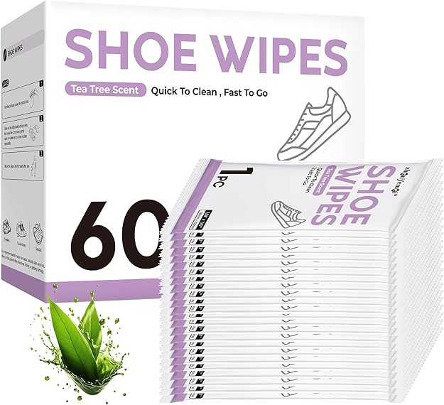 Box of shoe wipes with “60” written on it, labeled “Shoe Wipes, Tea Tree Scent, Quick To Clean, Fast To Go,” with individual wipe packets and an image of aloe vera—perfect for grabbing fresh kicks during Friday Deals.