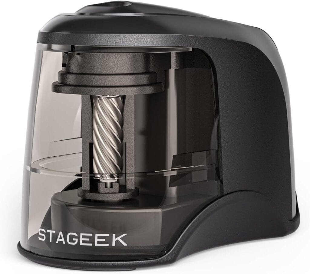 Electric pencil sharpener with a transparent cover revealing a helical blade inside, labeled "STAGEEK" at the base, in a sleek black and gray design.