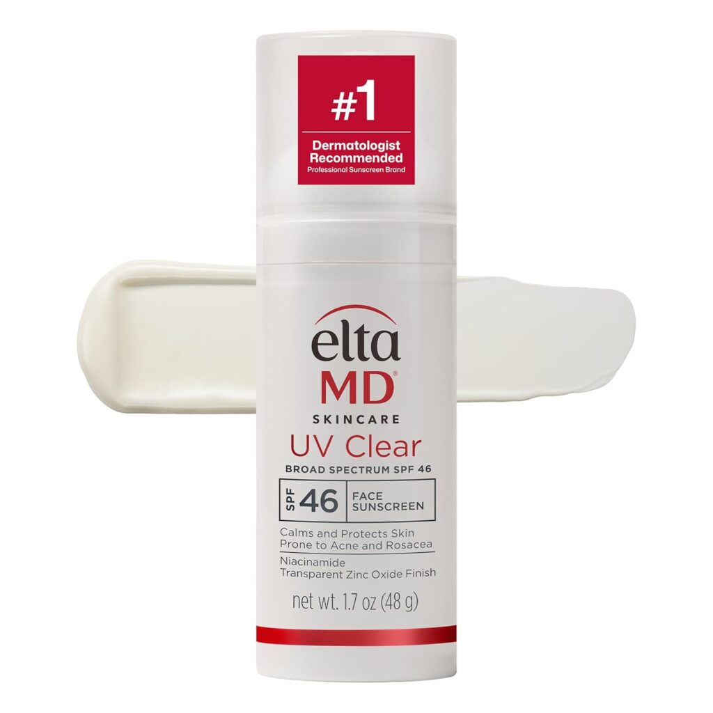 EltaMD UV Clear Broad Spectrum SPF 46 Face Sunscreen bottle with cream smeared behind it. Label highlights "#1 Dermatologist Recommended" and mentions it calms and protects sensitive skin. Net weight is 1.7 oz (48g).