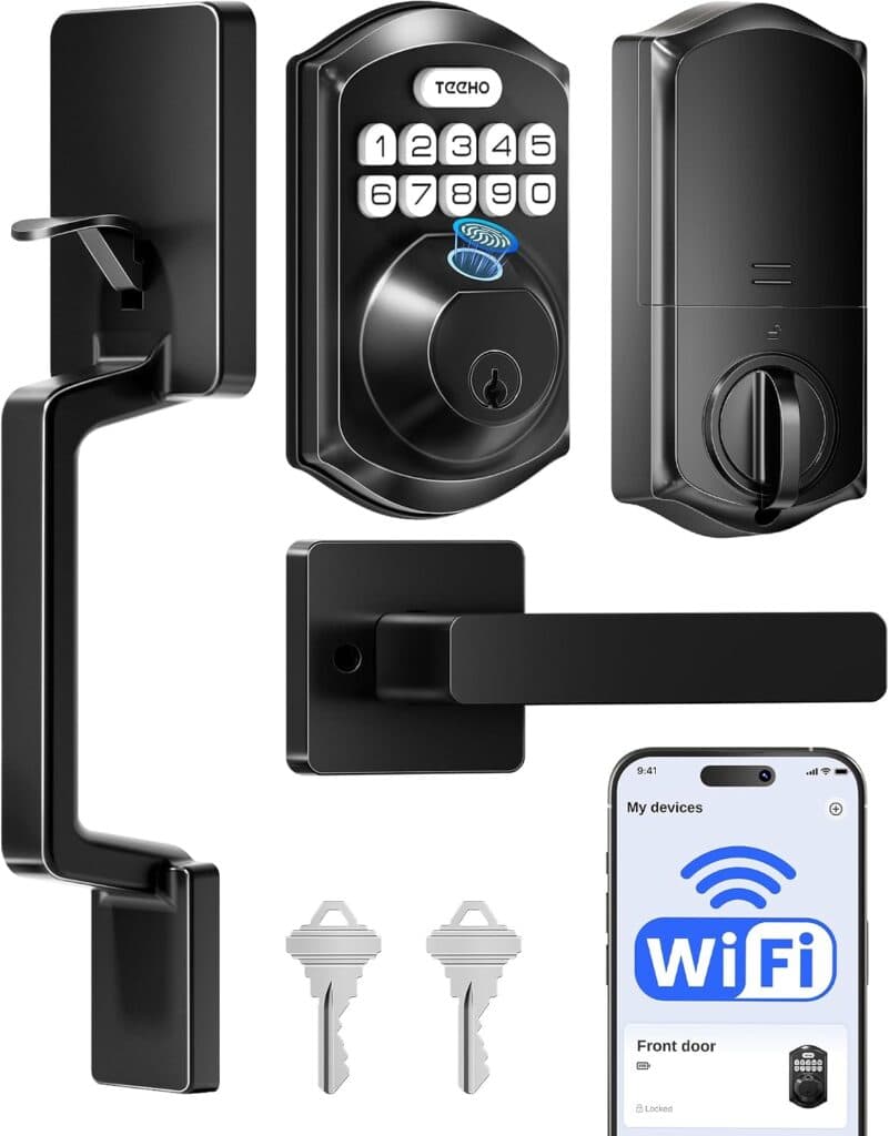 Black smart lock set with keypad, handle, two keys, and a smartphone displaying a WiFi-enabled front door lock interface. The lock supports keyless and app-based entry.