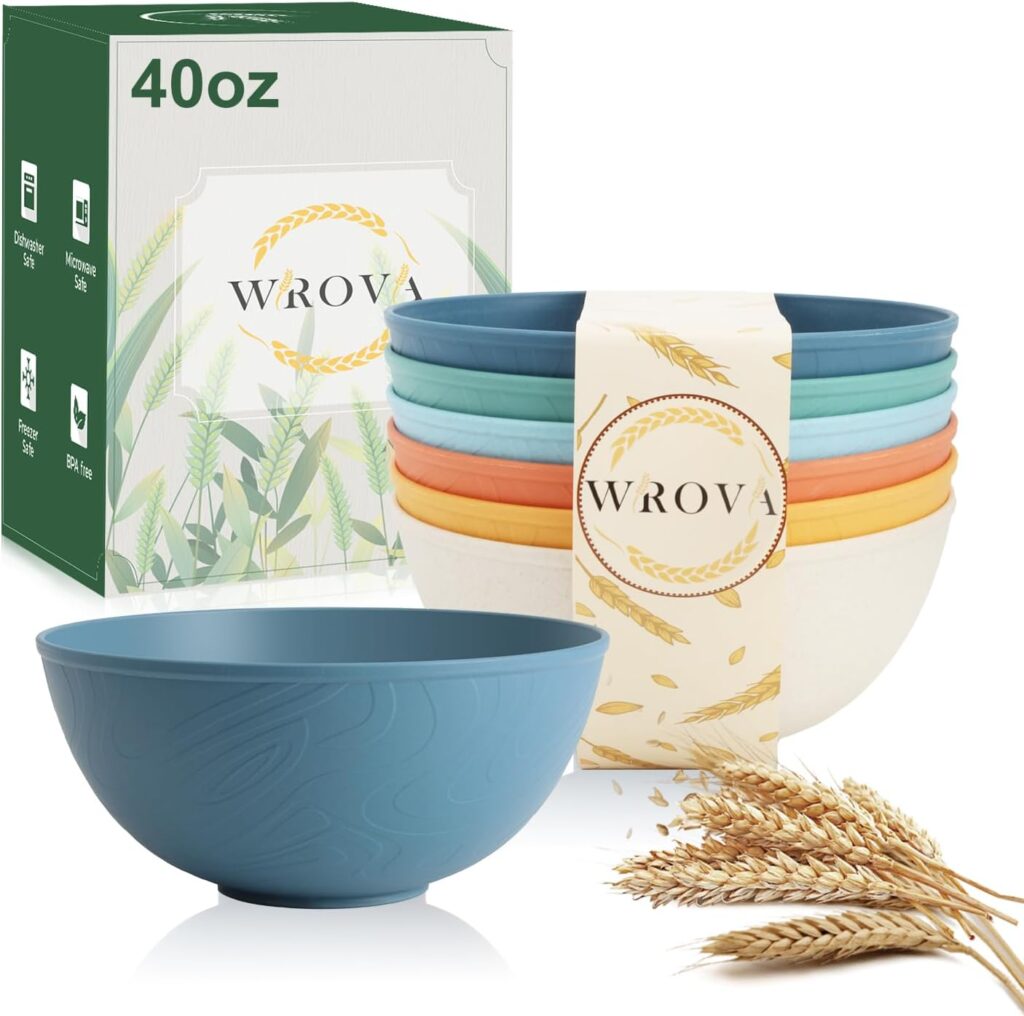 Set of five colorful bowls stacked next to a blue bowl, wheat stalks, and a WROVA-branded box with wheat and leaf illustrations; box indicates 40oz capacity and eco-friendly material.