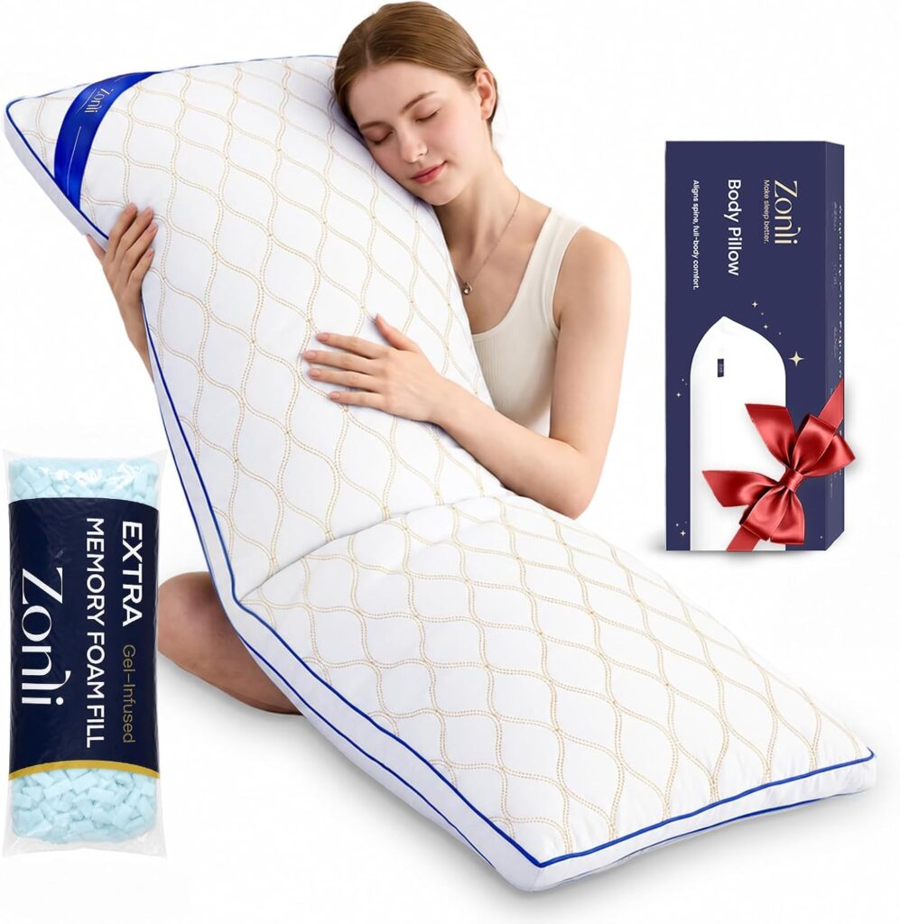 A woman hugs a large white body pillow with a diamond pattern. Nearby are a bag of extra memory foam fill and a Zonli body pillow box with a red ribbon—perfect for gifting or treating yourself during Friday Deals.