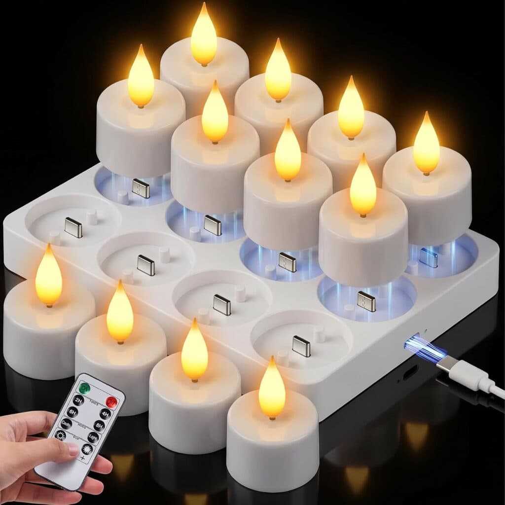A hand holds a remote near a set of 12 flameless LED tea light candles in white holders, placed in a charging tray with USB cable attached. Each candle emits a warm, yellow flame-like light—an ideal addition for cozy evenings or special gatherings. Take advantage of exclusive Friday Deals to brighten your space with style and convenience.