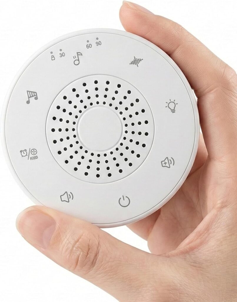A hand holds a small, round white electronic device with various buttons and icons, including power, volume, music, and timer symbols on its front.