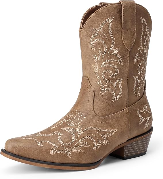 Tan Western Boots with decorative white stitching, a slightly pointed toe, a chunky low heel, and pull tabs on the sides, displayed against a white background.