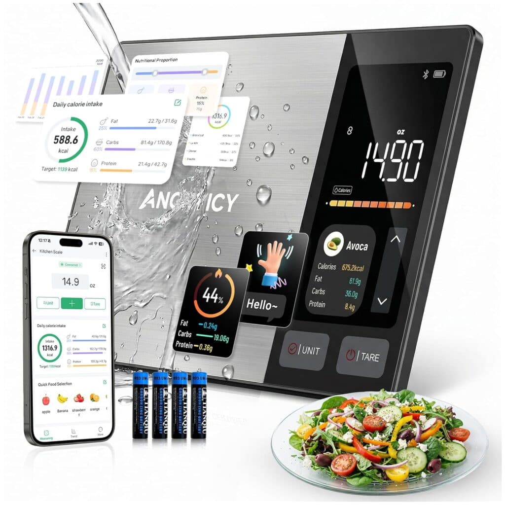 A Smart Food Scale displays 149 grams and nutrition info for an avocado. Surrounding it are app screens with a Nutritional Calculator, calorie data, four AAA batteries, and salad. Water splashes onto the scale. Now 50% off!.