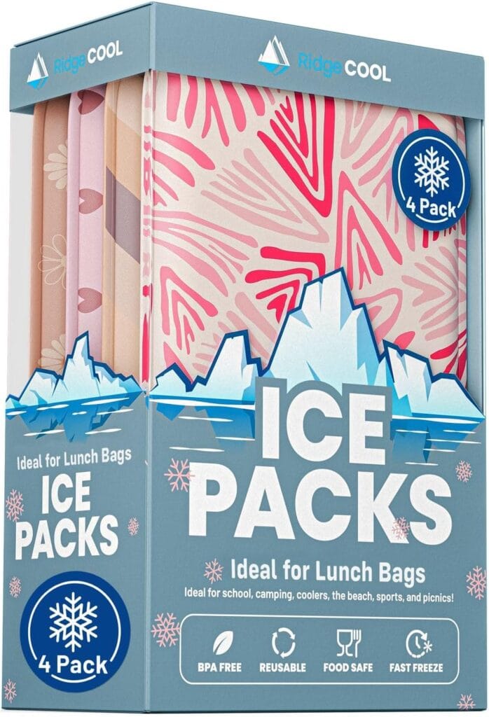 Box of Ridge Cool ice packs, 4 pack, featuring colorful patterns—now highlighted in our Friday Deals! Text highlights that the ice packs are ideal for lunch bags, BPA free, reusable, food safe, and fast freeze. Iceberg and snowflake graphics on packaging.