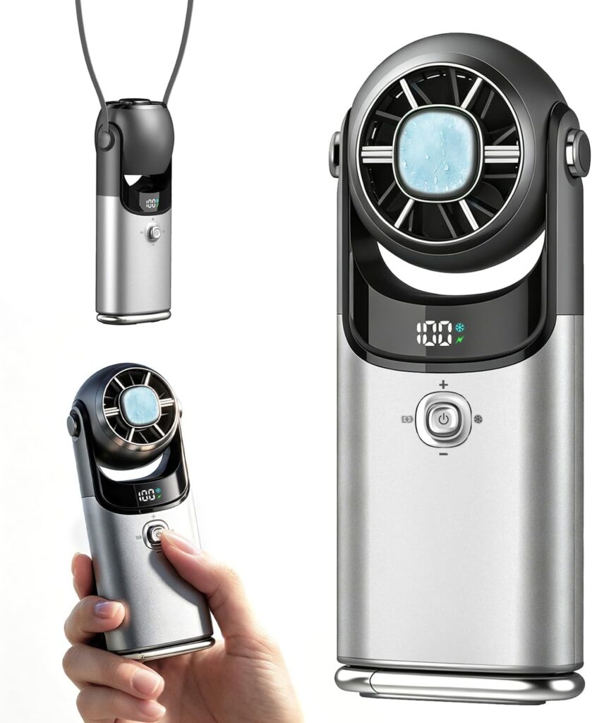 A portable handheld fan with a digital display, shown in three views: hanging on a lanyard, held in a hand, and a close-up. The fan has a front cooling element and control buttons.