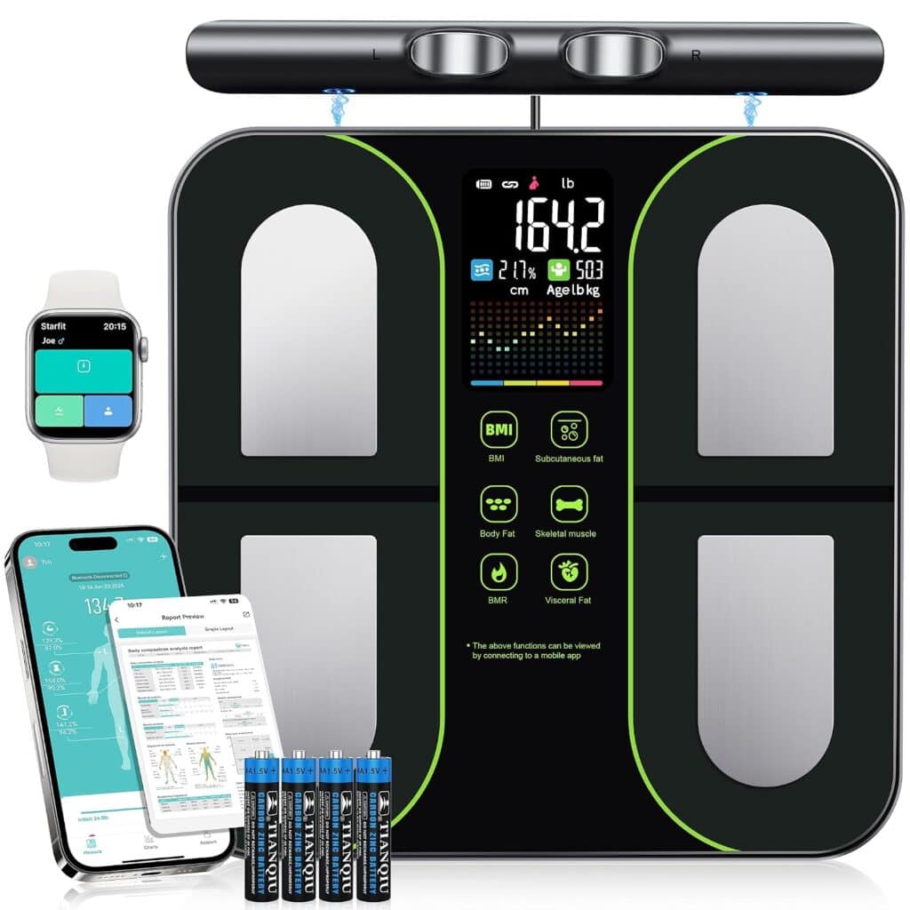 Digital scales with a display screen, four metallic sensors, a smart device, batteries, and a body analyzer bar offer precise body weight measurements. A smartphone and smartwatch show health data apps, indicating seamless connectivity and advanced tracking features.