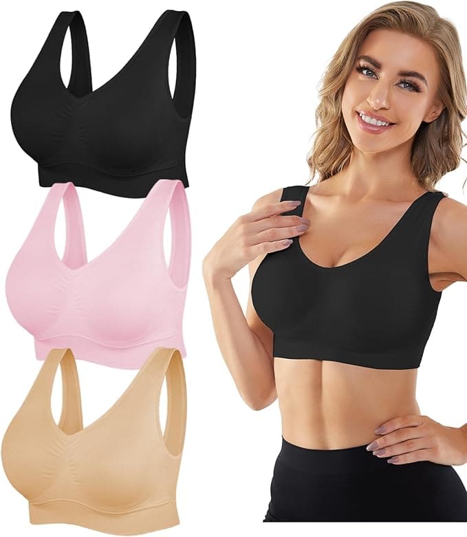 A woman wears a black seamless sports bra and smiles. Next to her are three seamless bras in black, pink, and beige, arranged vertically—perfect picks for Monday Deals.