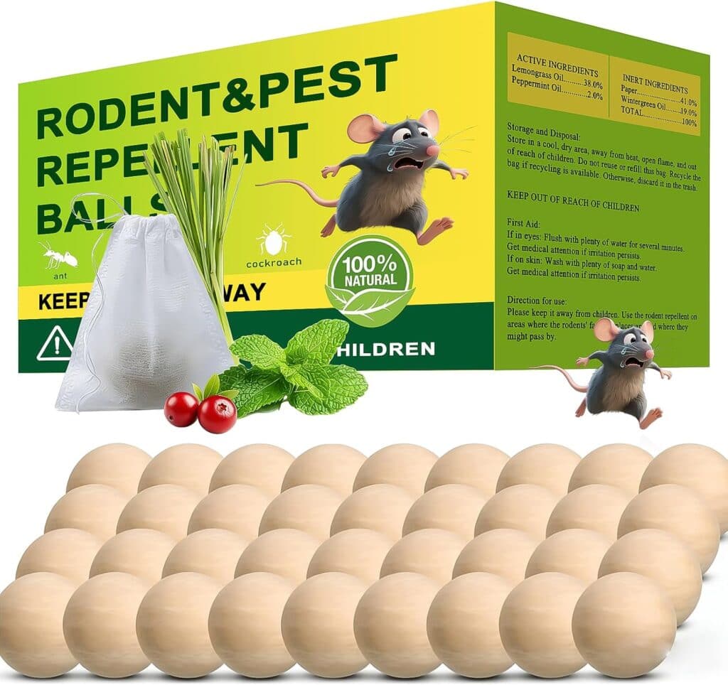 A box labeled "Rodent & Pest Repellent Balls" with images of mice and herbs, a mesh bag, mint leaves, red berries, and several beige balls displayed in front.