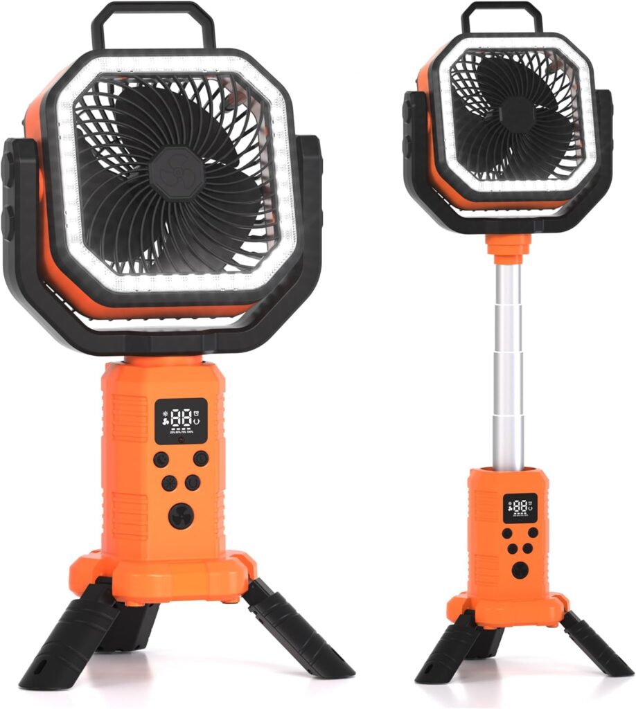 Two orange and black portable fans with LED lights, digital displays, and tripod bases; one fan is shown at a shorter height and the other extended on a telescoping pole.
