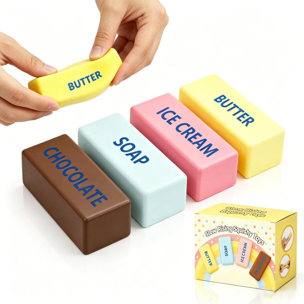 Four rectangular squishy toys labeled butter, ice cream, soap, and chocolate, with hands squeezing the butter toy. A product box labeled "Slow Rising Squishy Toys" is on the right.