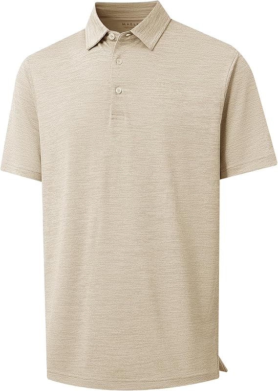 Beige short-sleeve polo shirt with a subtle textured pattern, three buttons, and a classic collar, displayed on a plain white background—perfect for elevating your style with our exclusive Friday Deals.