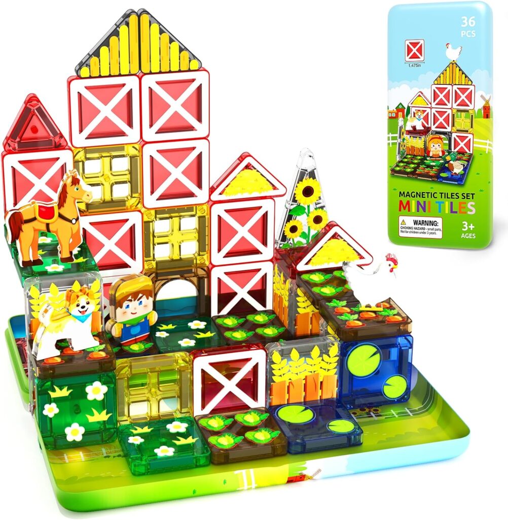 Colorful magnetic tile set assembled as a barn with animals, a child figure, and green landscape tiles, displayed alongside the product box for ages 3 and up.