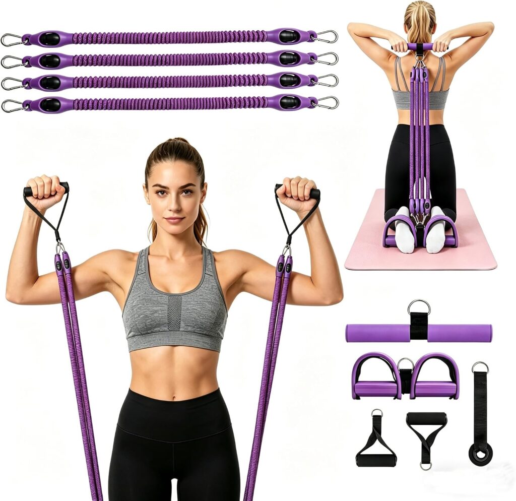 A woman exercises with purple resistance bands; close-ups show bands, handles, ankle straps, and accessories on a pink mat.